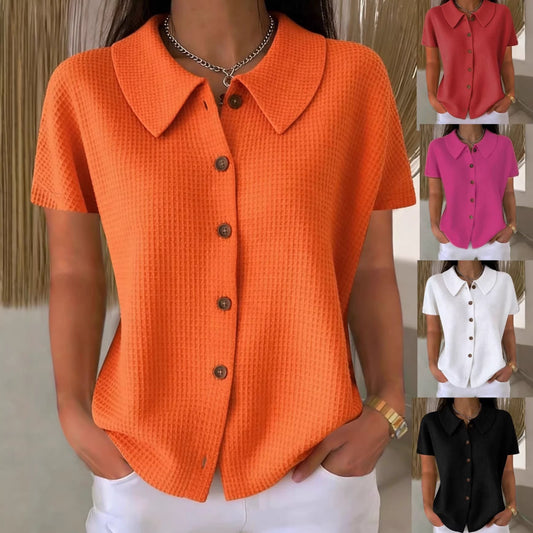 Turn-Down Collar Waffle Weave Solid Color Casual Loose Fit Short Sleeve Shirt - Women's Cotton Blend Lightweight Summer Top For Daily Wear https://Lolyshop.shop