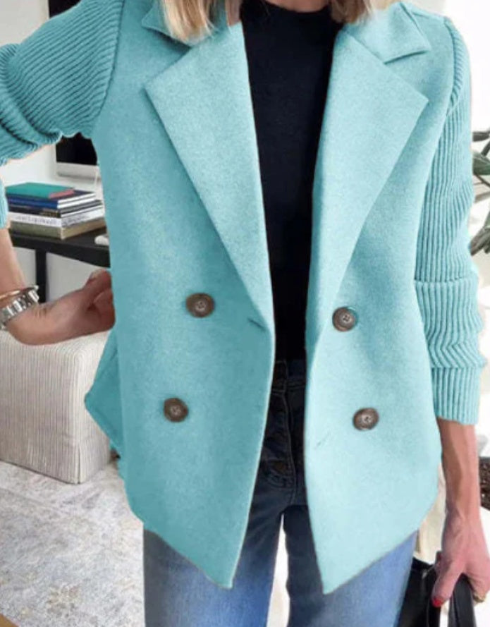 Double Breasted Lapel Jacket Fashion Knitted Sleeves Splicing Design Coat Outerwear Women's Clothing - Http:// Lolyshop.shop
