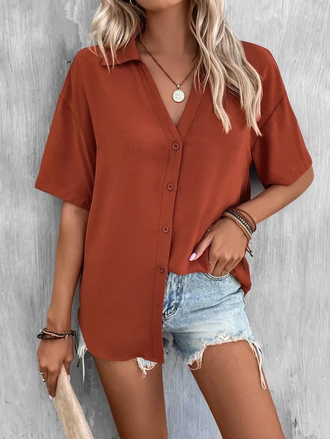 Temperament Pure Color V-neck Shirt Women's Top Short Sleeve by http://Lolyshop.shop