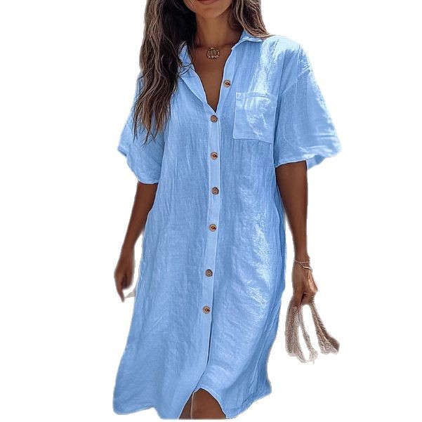 Casual Solid Shirt Dress Lady Fashion Short Sleeve Button Loose Dresses Women Elegant Office Skirt Women's Clothing Summer