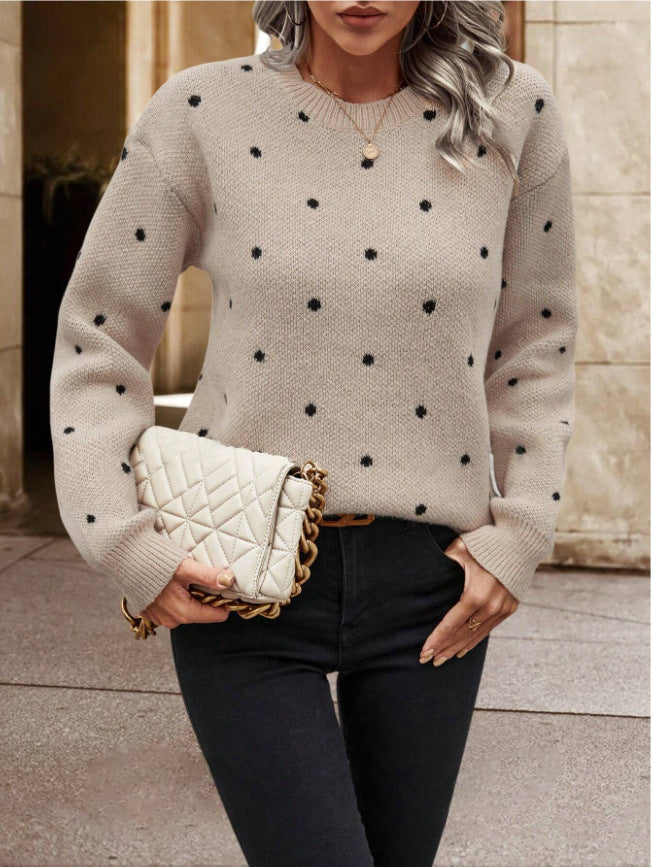 Ins Polka Dot Print Pullover Sweater Fashion Casual Long-sleeved Jacquard Knitted Top Winter Round Neck Clothing For Women - Http:// Lolyshop.shop