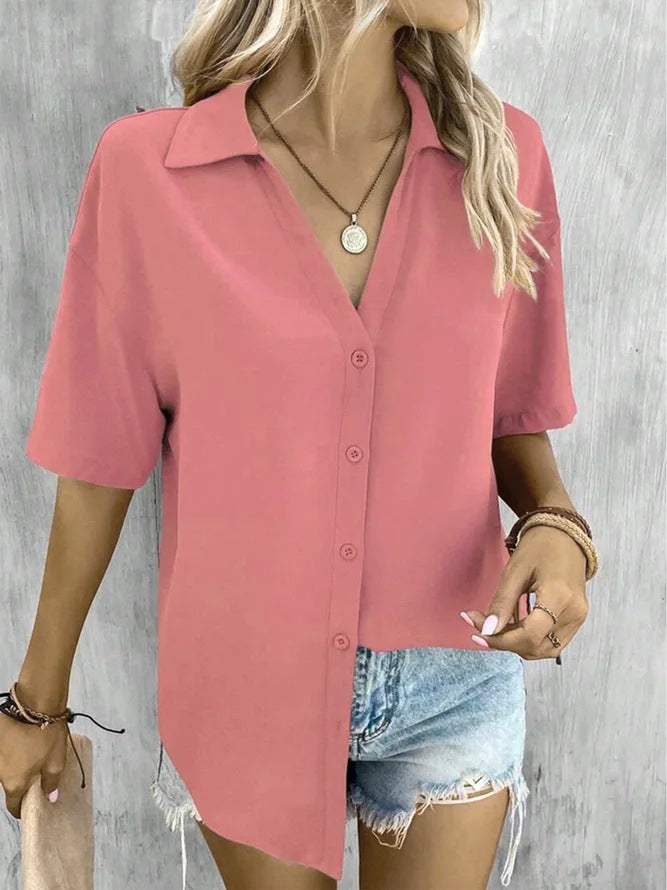 Temperament Pure Color V-neck Shirt Women's Top Short Sleeve by http://Lolyshop.shop