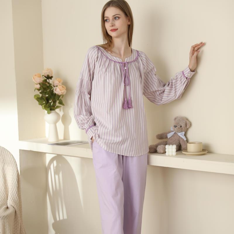 Pyjamas Female Korean Version Stripes Solid Color Simple Wind Comfortable Long Sleeve Set Cotton Home Wear Can Be Worn by http://Lolyshop.shop