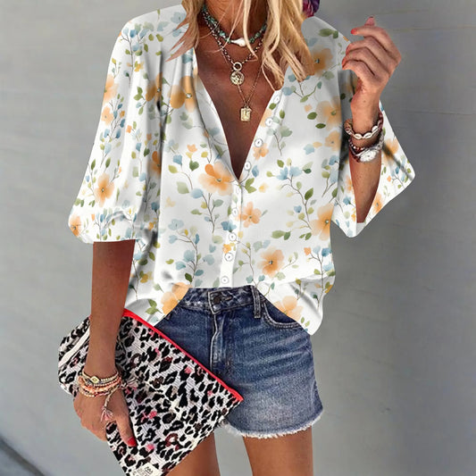 Womens Button Down Ditsy Floral Pattern Shirt Short Sleeve Classic Collared Flower Tops Work Office Casual Blouse