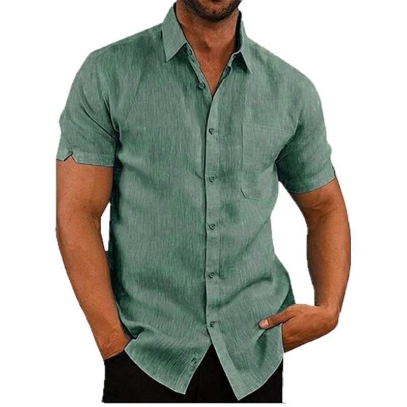 Summer Lapels Solid Color Short Sleeve Button Linen Shirt Men's Clothing by http://Lolyshop.shop