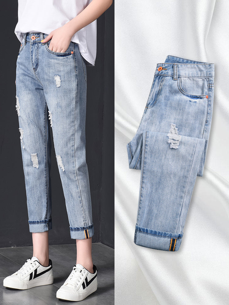 High Waist Nine-point Harem Daddy Women Pants Ripped Jeans Women