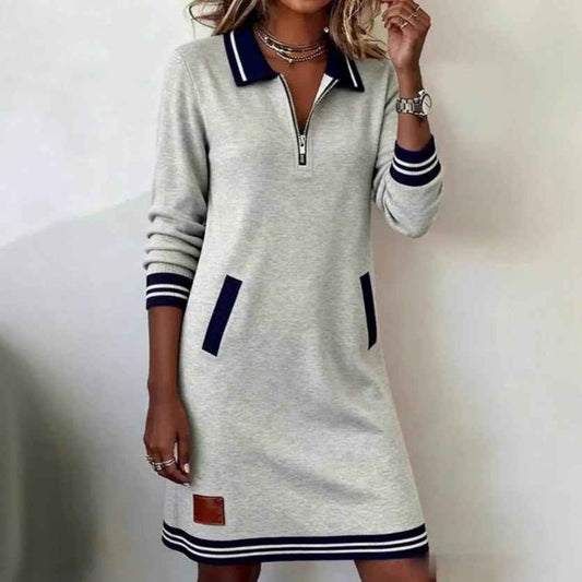 Casual Sports Dress Fashion Lapel Zipper Pockets Long Sleeve Dresses For Women Clothing