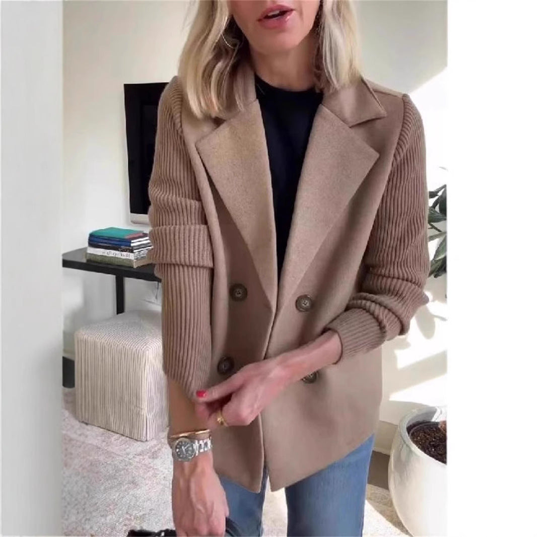 Double Breasted Lapel Jacket Fashion Knitted Sleeves Splicing Design Coat Outerwear Women's Clothing - Http:// Lolyshop.shop