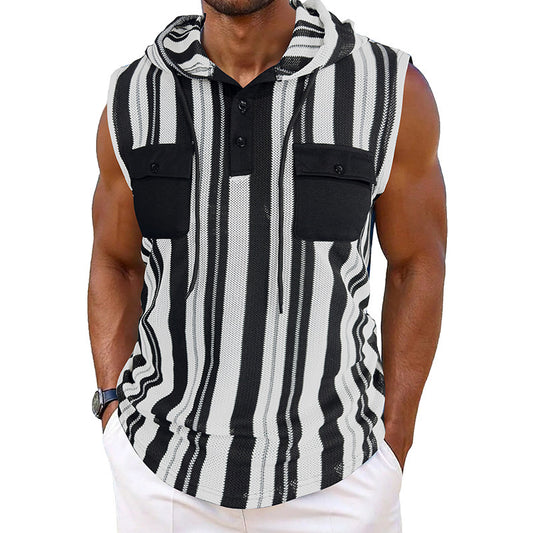Men's Striped Sleeveless Hooded Vest Pocket by http://Loyshop.shop