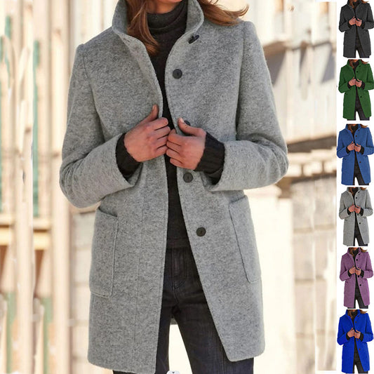 Fashion Stand Collar Woolen Coat With Pockets Fall Winter Casual Button Outwear For Women Clothing - Http:// Lolyshop.shop