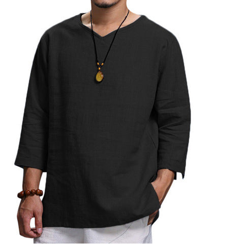 Loose Casual V-neck Top Cotton And Linen Long Sleeve Pullover Shirt Mens Clothing by http://Lolyshop.shop