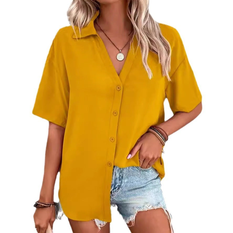 Temperament Pure Color V-neck Shirt Women's Top Short Sleeve by http://Lolyshop.shop